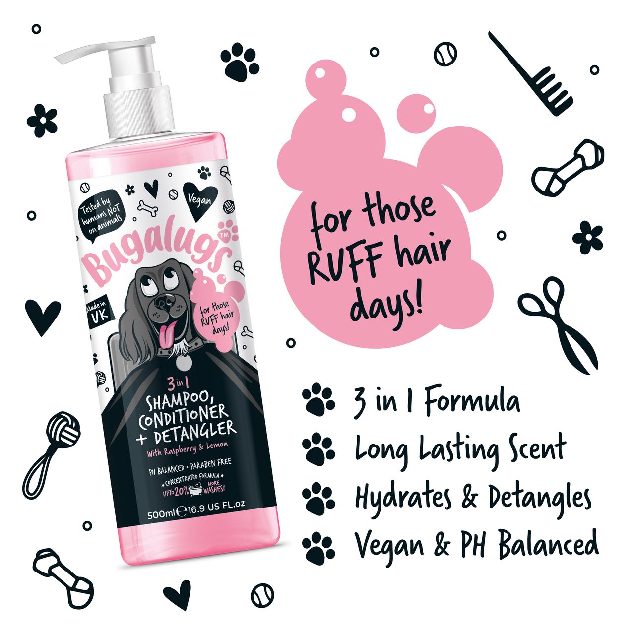 Bugalugs 3 in 1 Raspberry & Lemon Dog Shampoo Conditioner & Detangler