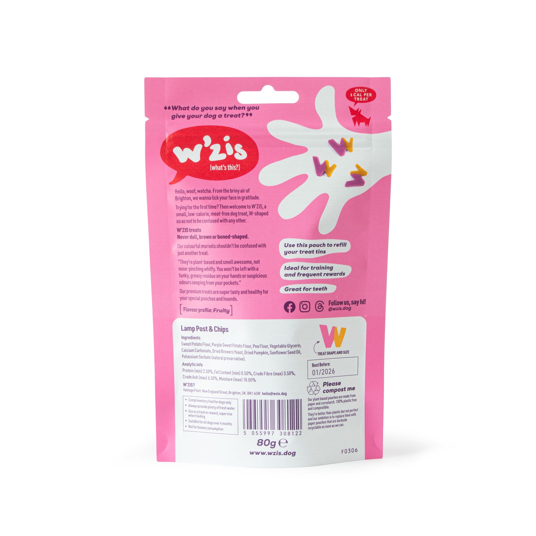 W'ZIS Lamp Post & Chips 1-Calorie Dog Treat Pouch - Fruity Flavour 80g