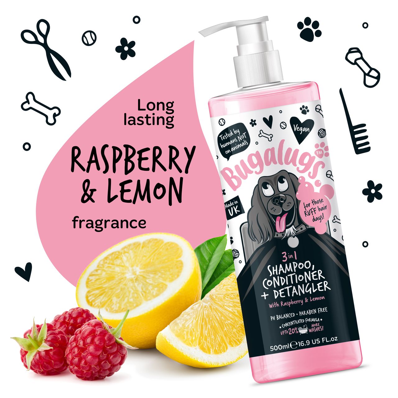 Bugalugs 3 in 1 Raspberry & Lemon Dog Shampoo Conditioner & Detangler