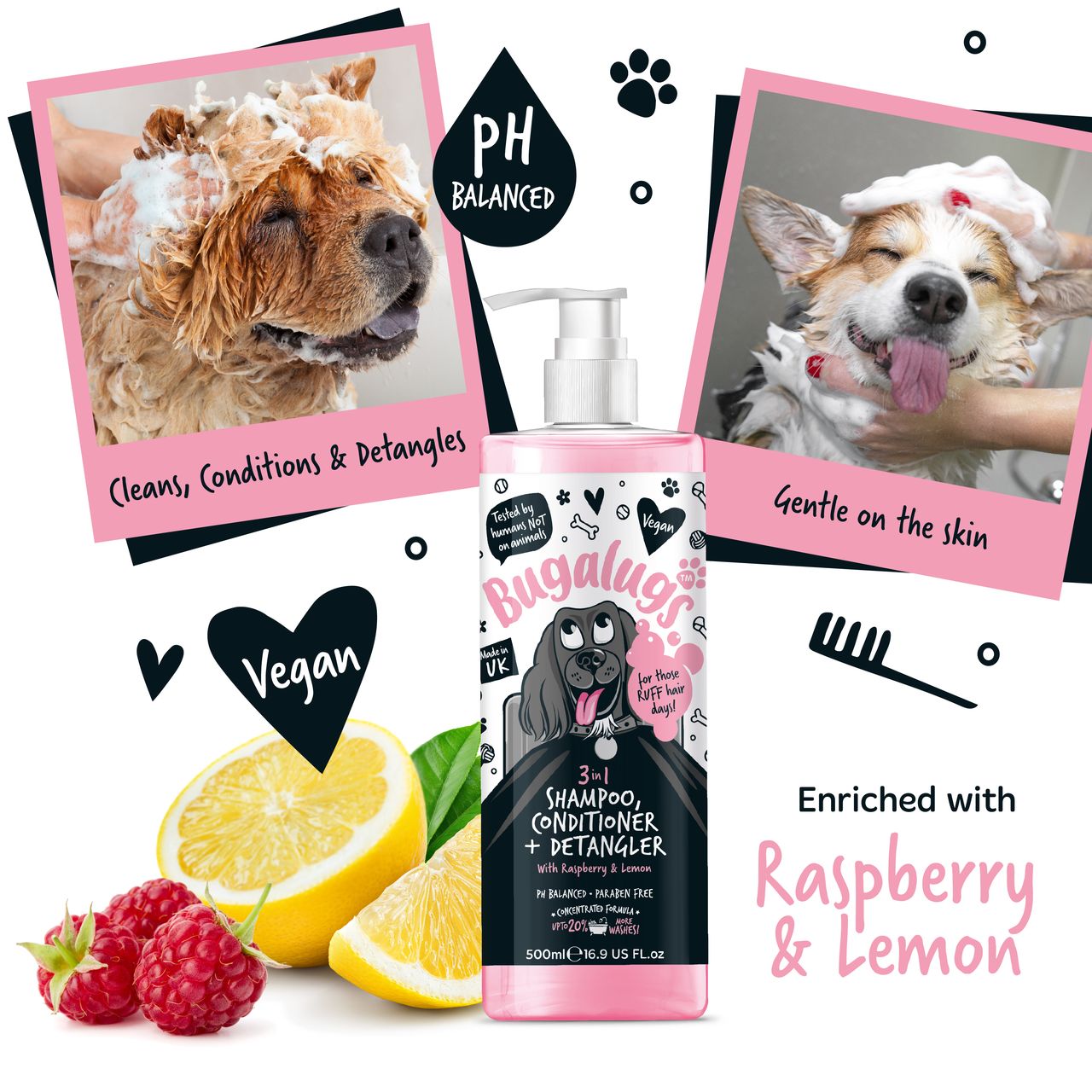 Bugalugs 3 in 1 Raspberry & Lemon Dog Shampoo Conditioner & Detangler