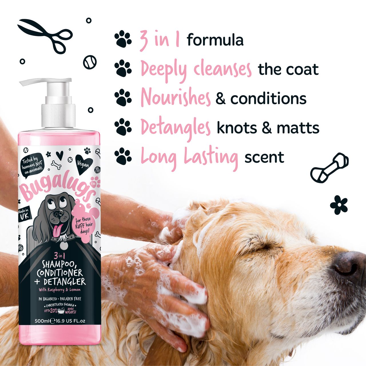 Bugalugs 3 in 1 Raspberry & Lemon Dog Shampoo Conditioner & Detangler