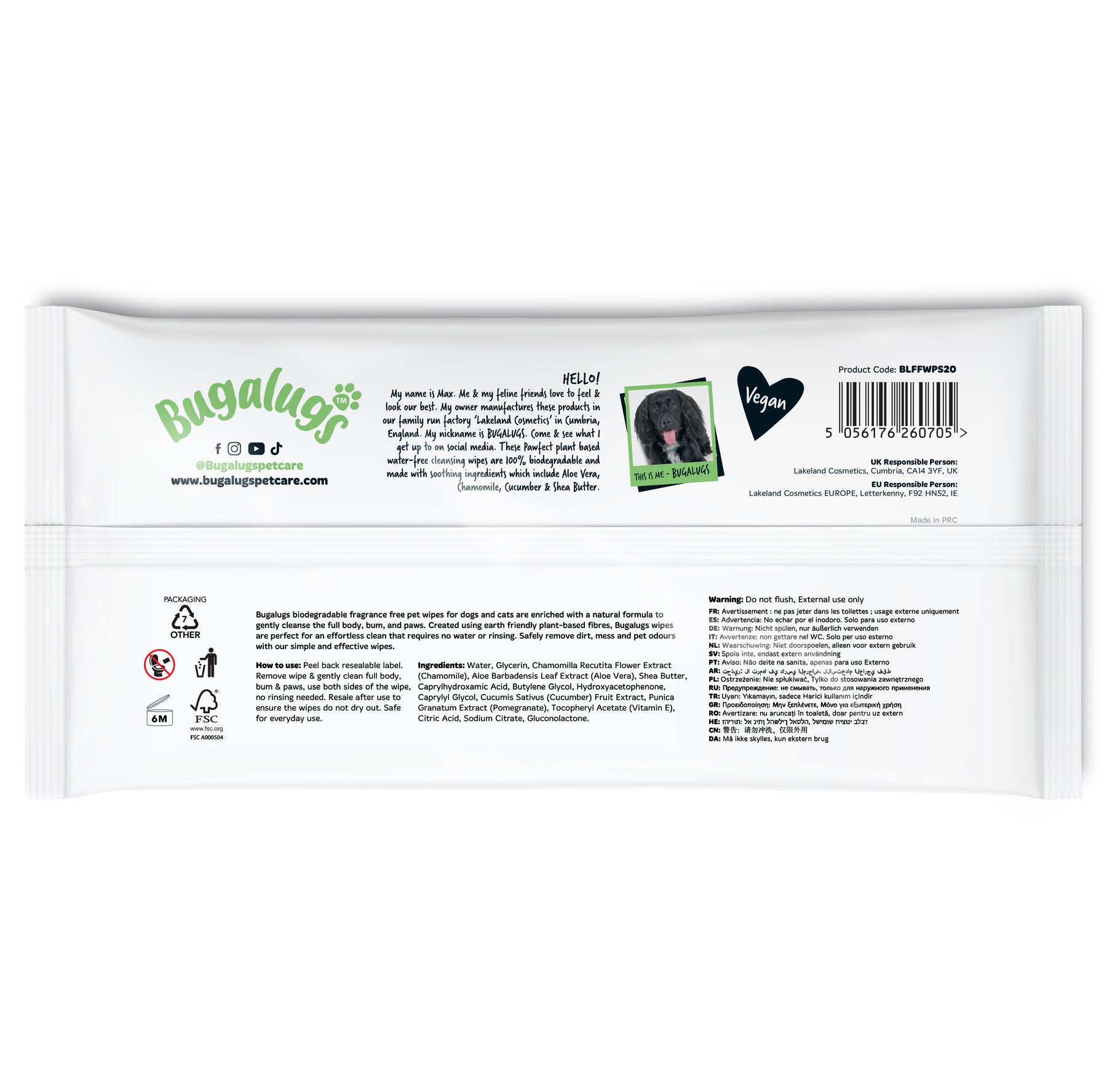 Bugalugs Fragrance Free Pet Wipes for Full Body, Bum & Paws (20 wipes)
