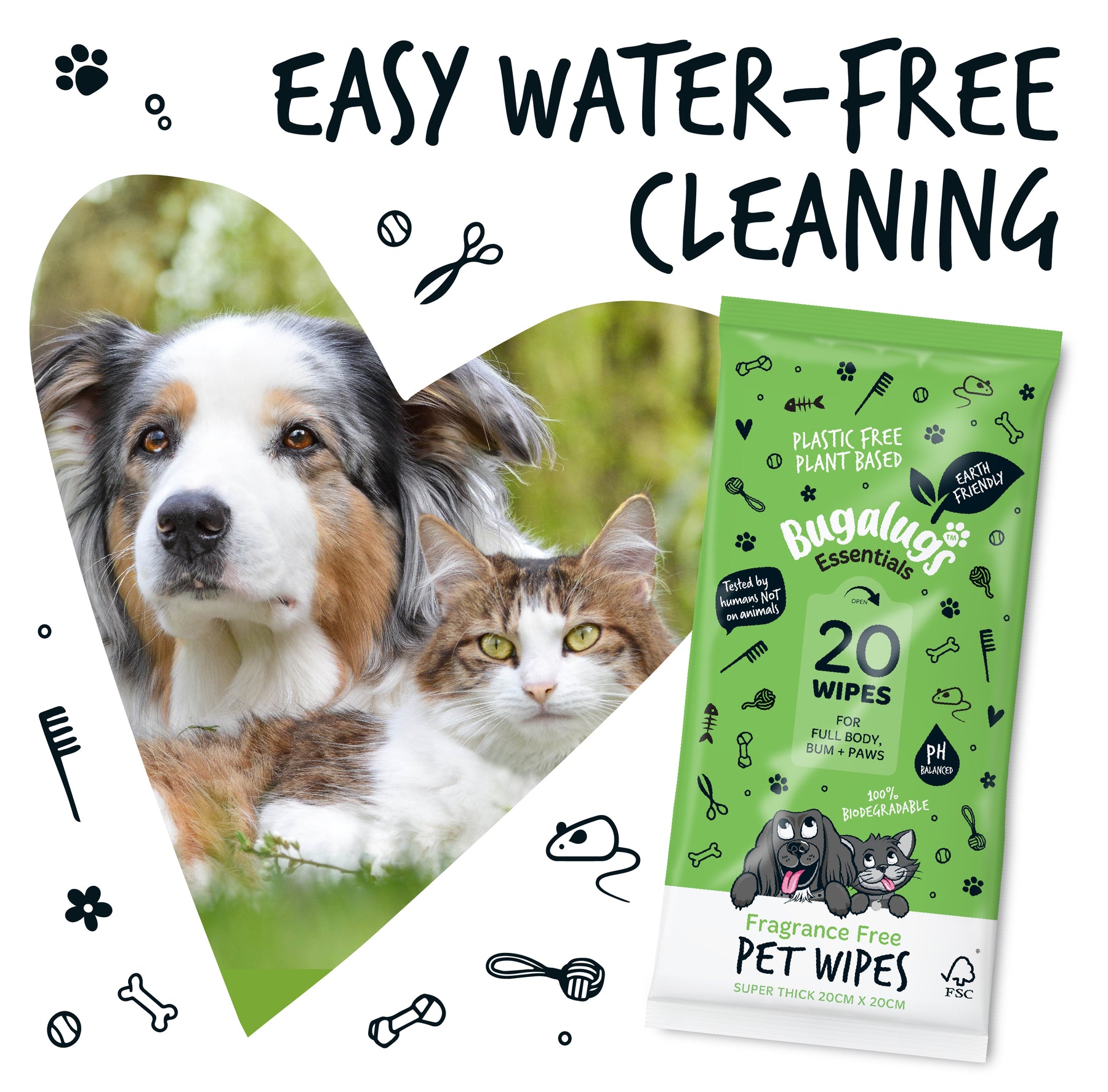 Bugalugs Fragrance Free Pet Wipes for Full Body, Bum & Paws (20 wipes)