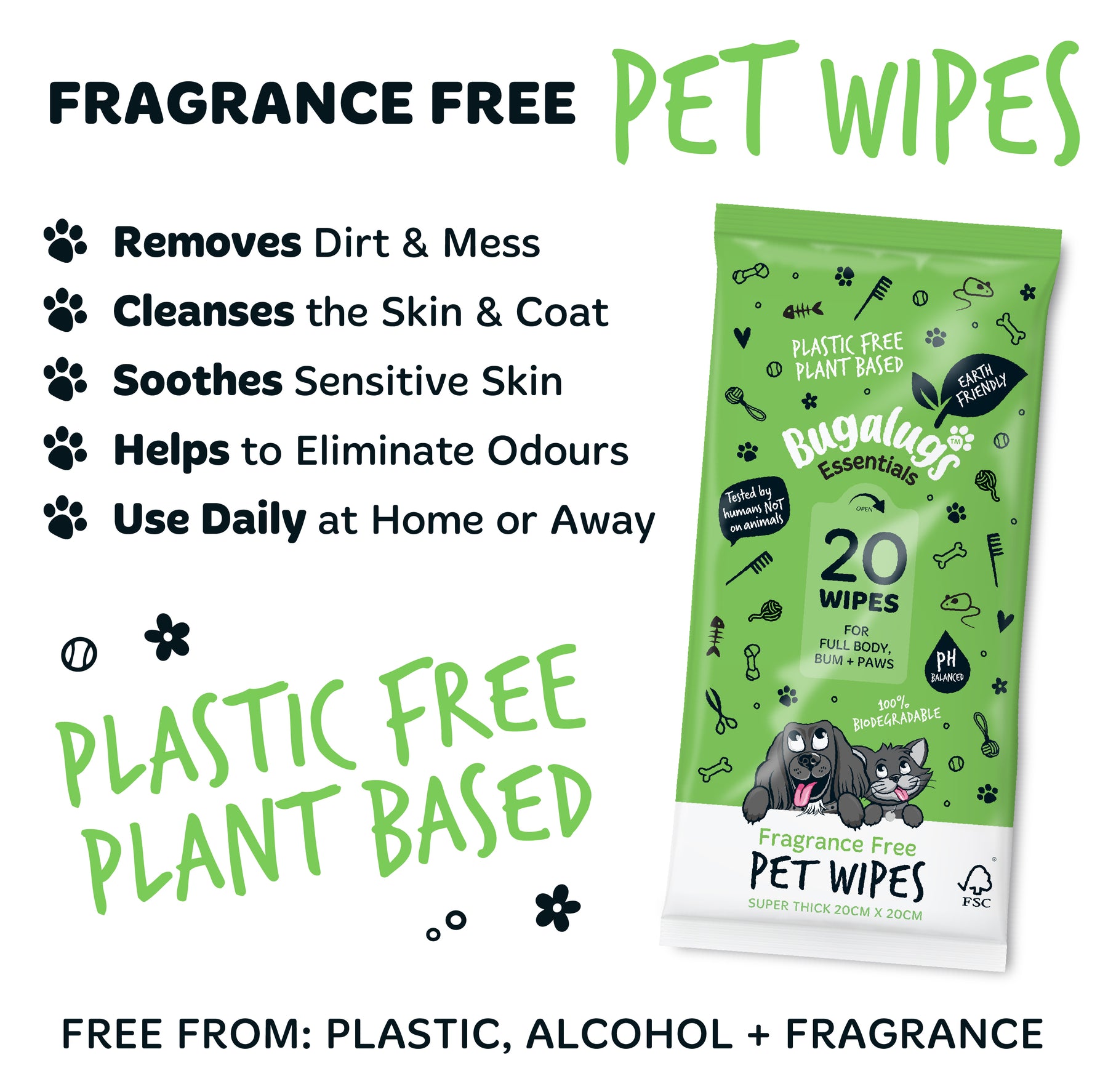 Bugalugs Fragrance Free Pet Wipes for Full Body, Bum & Paws (20 wipes)