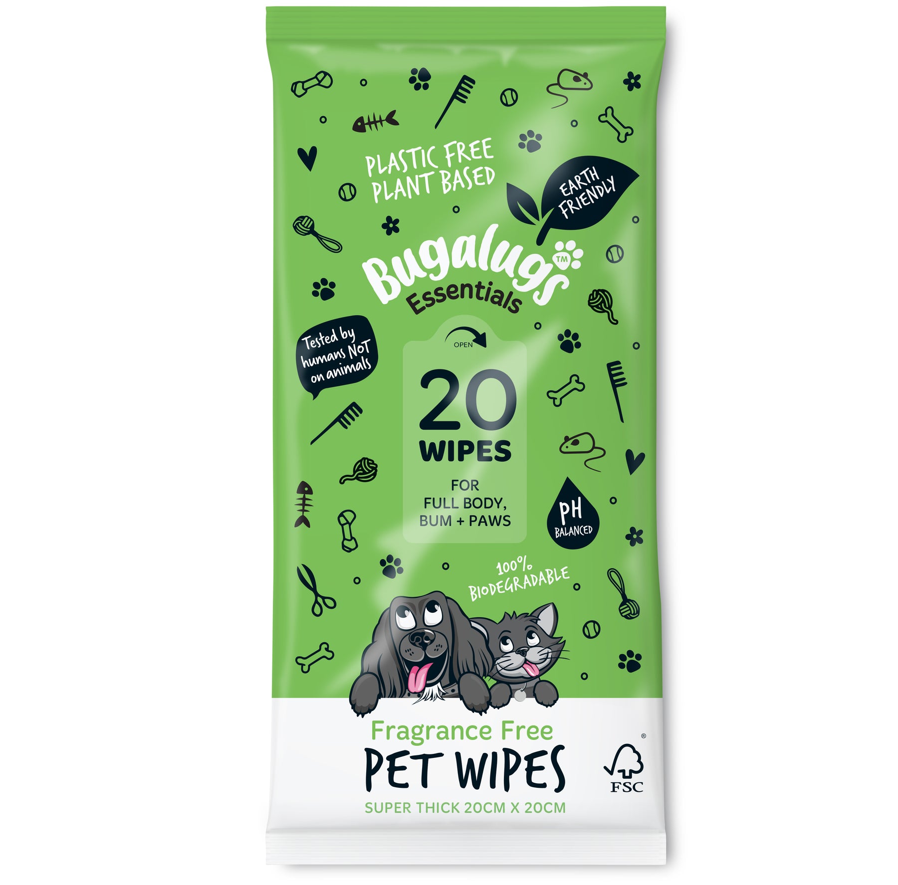 Bugalugs Fragrance Free Pet Wipes for Full Body, Bum & Paws (20 wipes)