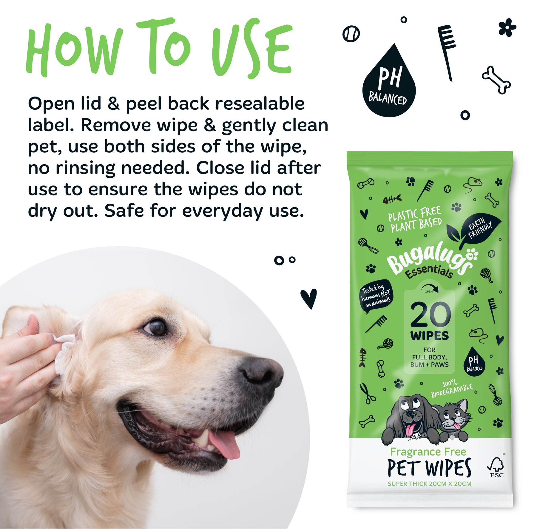 Bugalugs Fragrance Free Pet Wipes for Full Body, Bum & Paws (20 wipes)