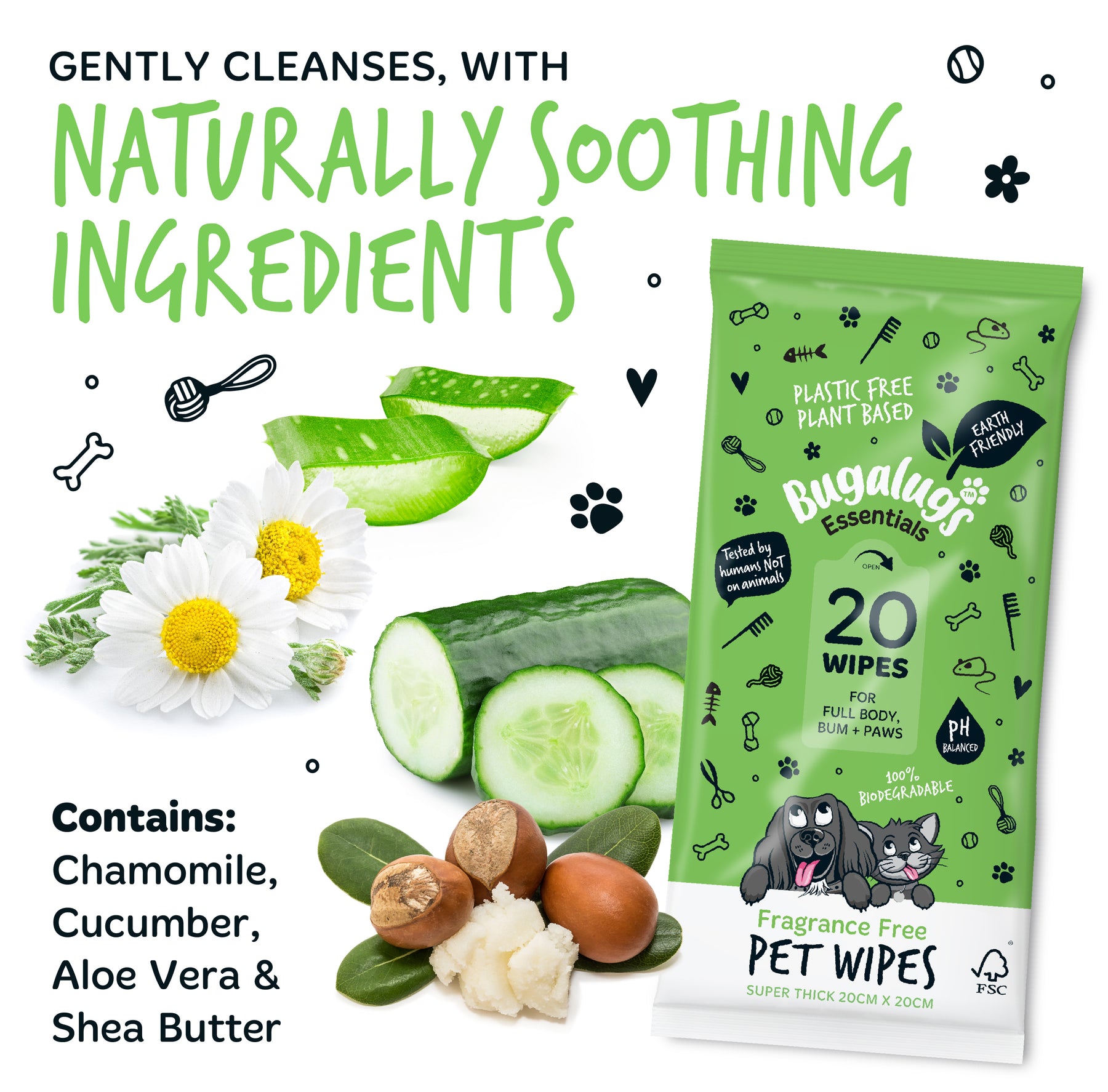 Bugalugs Fragrance Free Pet Wipes for Full Body, Bum & Paws (20 wipes)