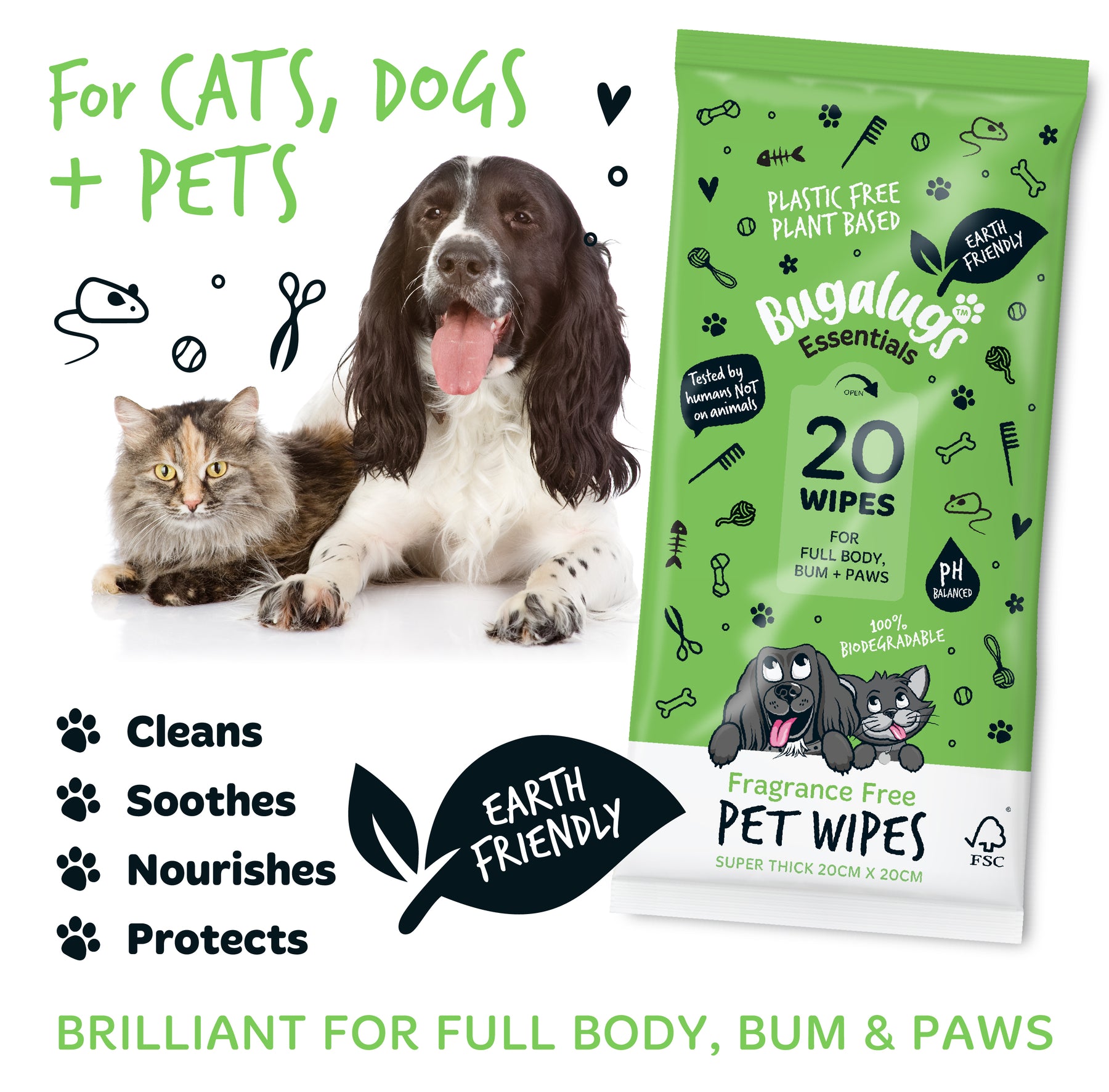 Bugalugs Fragrance Free Pet Wipes for Full Body, Bum & Paws (20 wipes)