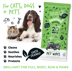 Bugalugs Fragrance Free Pet Wipes for Full Body, Bum & Paws (20 wipes)