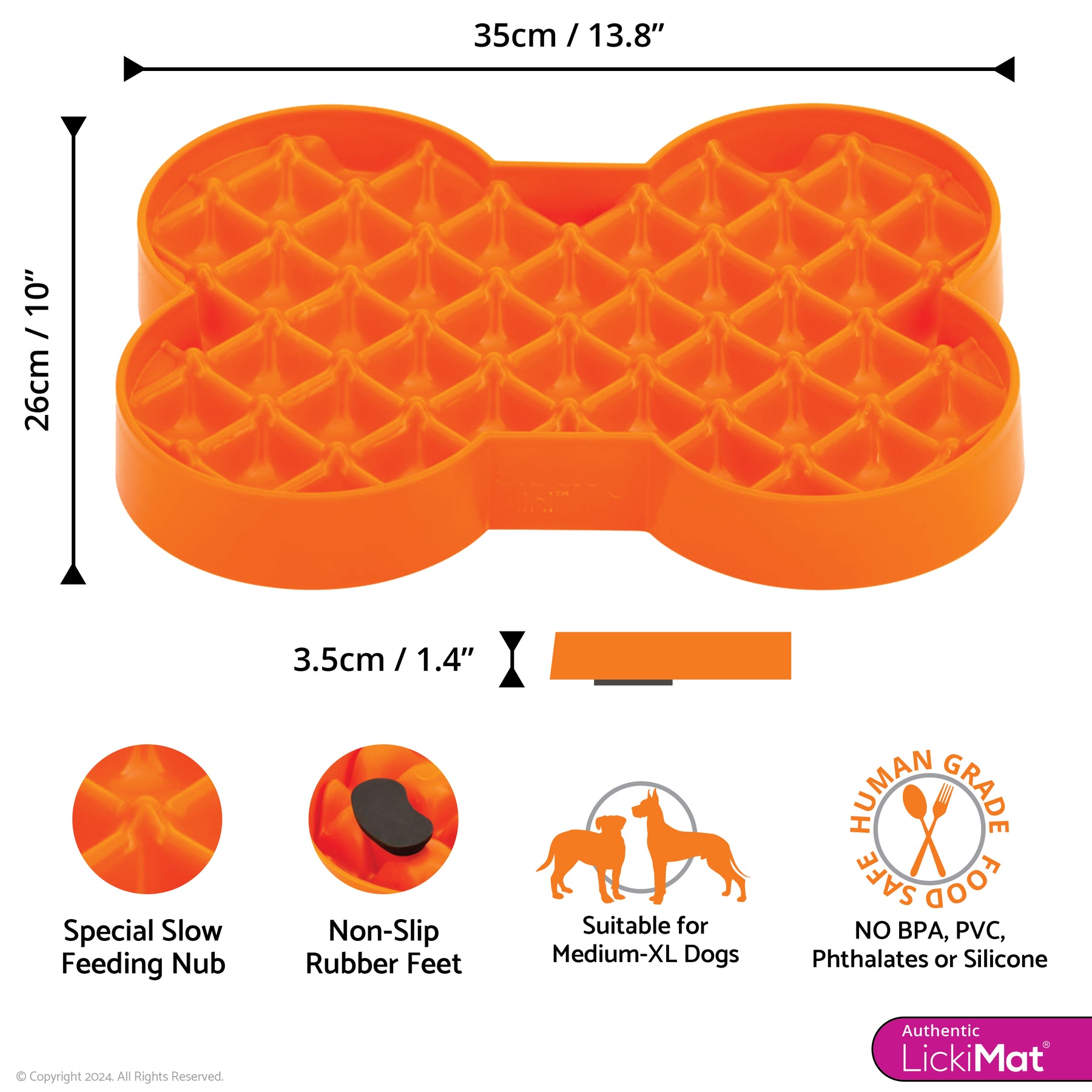 Orange bone-shaped dog lick mat with dimensions and features on a white background