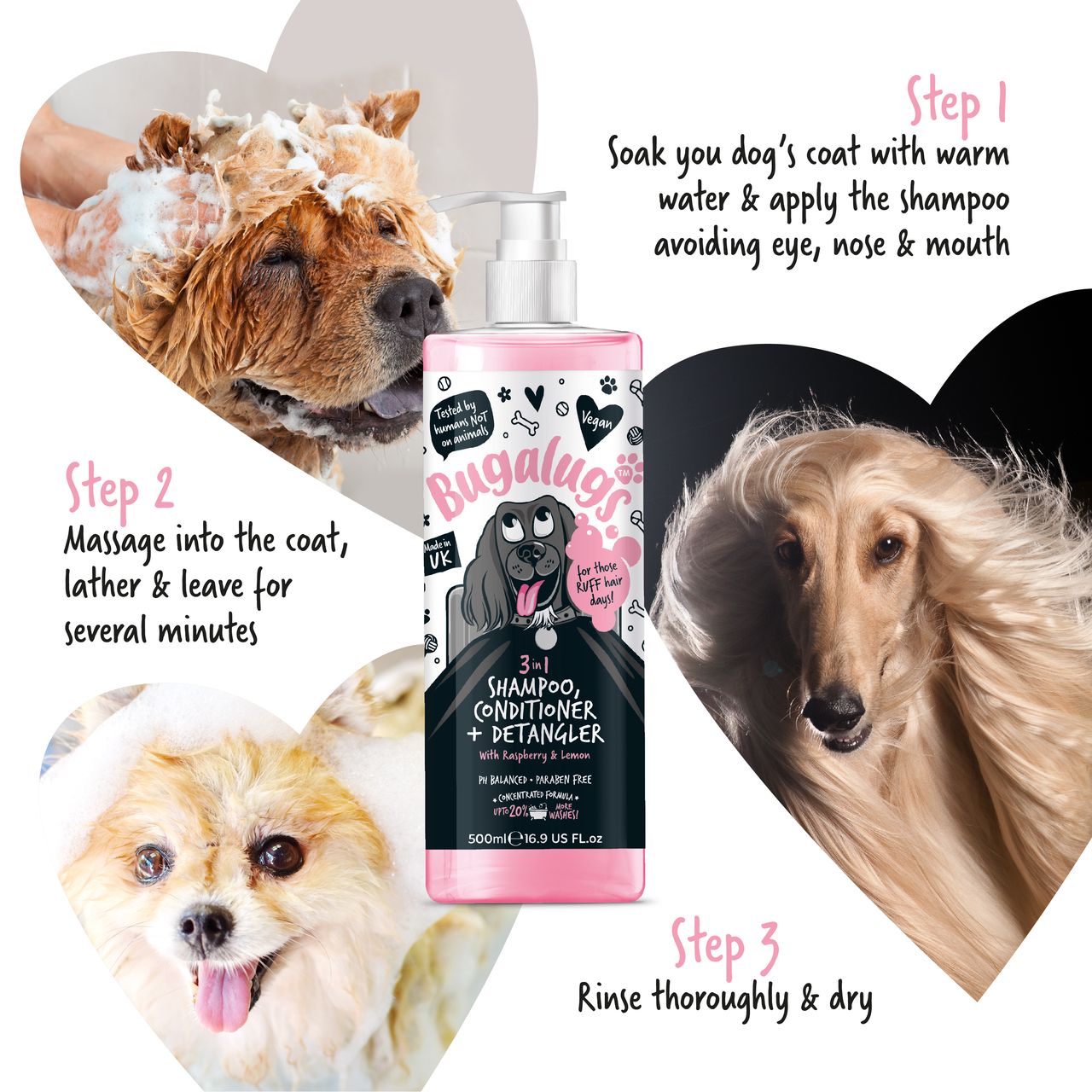 Bugalugs 3 in 1 Raspberry & Lemon Dog Shampoo Conditioner & Detangler